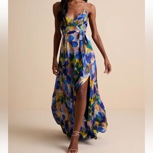 LULUS Still the One Blue Multi Floral Print Satin Maxi Dress Women’s size small